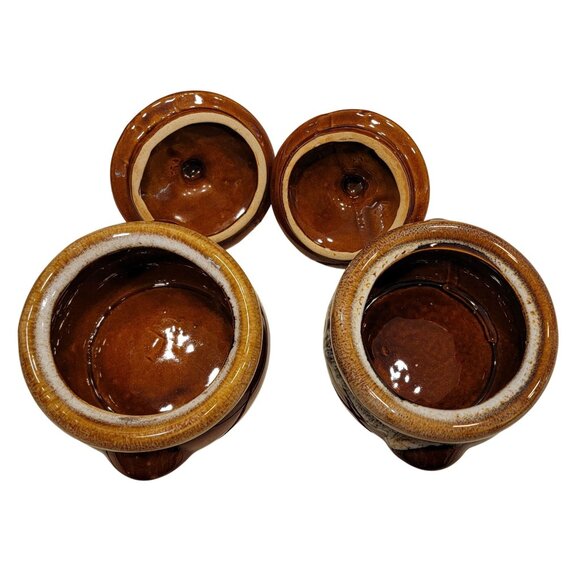 Vintage Brown Glazed Ceramic Soup Bowls With Lids - Handcrafted Drip Design - Picture 6 of 7